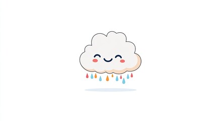 Cute cartoon cloud with a smiling face and colorful raindrops, set against a simple white background