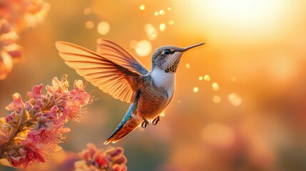Fototapeta premium Vibrant hummingbird hovering near blooming flowers at sunset, showcasing nature's beauty