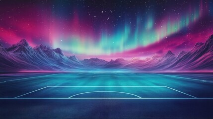 Futuristic soccer field beneath aurora borealis and starry sky