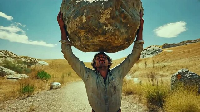 Determined Man Carrying Heavy Boulder Uphill in Struggle