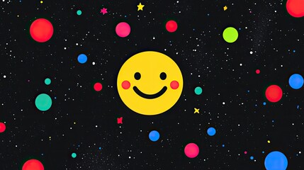 Bright and cheerful smiley face surrounded by colorful planets in a starry space background