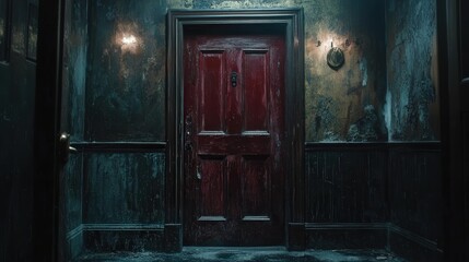 fire exit door in a historic building, with a weathered surface showing years of exposure,