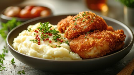 Delicious fried chicken served with creamy mashed potatoes and garnished with herbs