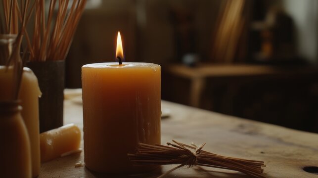 Scene of a candle making setup. Featuring wax, wicks, and molds. Highlighting the process of crafting candles. Ideal for DIY and craft blogs.