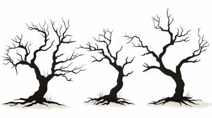 Obraz premium Three bare winter trees, silhouettes, white background, nature illustration, graphic design