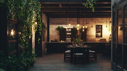 Fototapeta premium Elegant Refined Dining Area with Dark Wood and Greenery Accents
