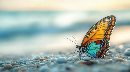 Obraz premium butterfly sits on the beach in this 4K photograph, with its colorful wings opening up gently, the ocean breeze creating a peaceful scene.