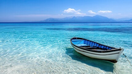 Naklejka premium fishing boat on the crystal-clear blue sea, with distant mountains completing the tranquil landscape, offering a serene and beautiful view