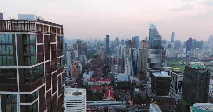 High Rise Buildings During Sunset At Pathum Wan District In Bangkok, Thailand. Aerial Drone Shot