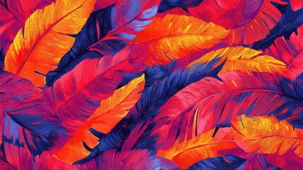 A vibrant pattern of colorful leaves in shades of orange, purple, and red.