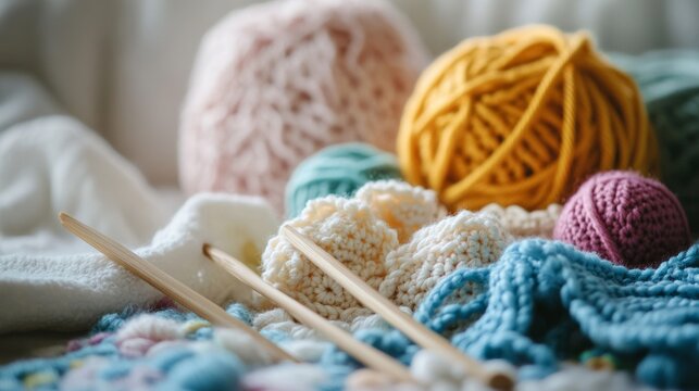 Scene of a crochet setup. Featuring yarn, hooks, and a partially finished piece. Highlighting the art of crochet. Ideal for DIY and craft blogs.