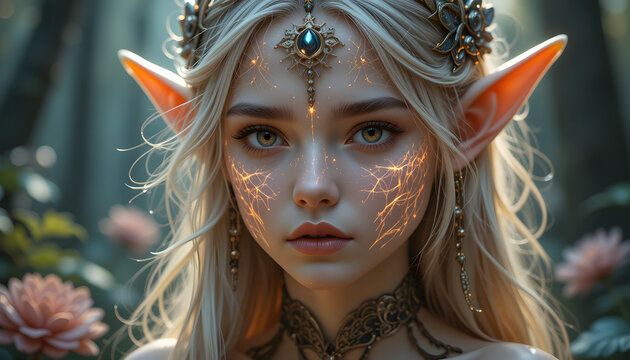 Blonde woman elf wearing oriental ornament with some magical thread in her face. Flower blooming behind her.