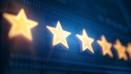 A close-up view of a digital rating system displaying three glowing stars on a blue background