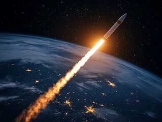 Missile launch, Earth, night, fiery trail, space exploration