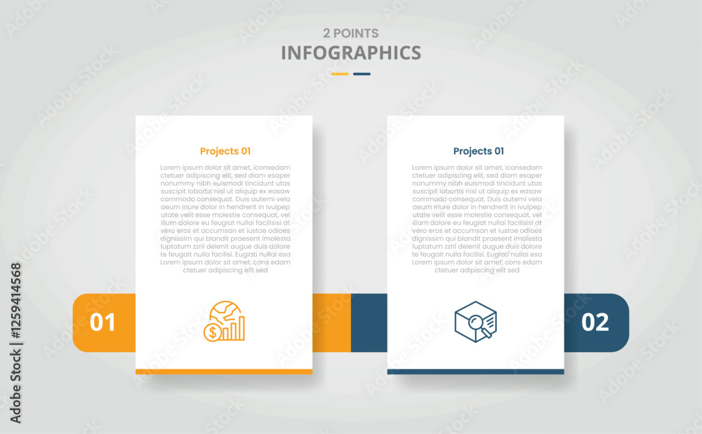 Poster 2 points template comparison concept for infographic with vertical standing box and horizontal box t