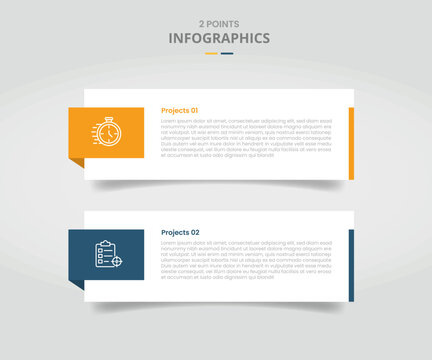 2 points template comparison concept for infographic with big rectangle box container with badge on side and drop shadow style with two point list information