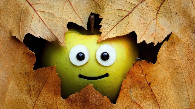 A cheerful yellow apple with eyes peeks through autumn leaves, creating a playful scene