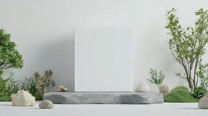 Blank canvas on a stone platform surrounded by greenery. Minimalist and serene aesthetic. Perfect for product display or art.