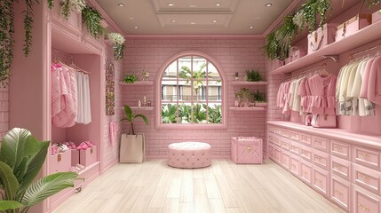Fototapeta premium Elegant pink boutique interior showcasing stylish clothing and accessories with greenery outside