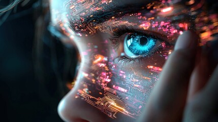 Womans face with circuit board background and glowing abstract circuitry in high fidelity detail
