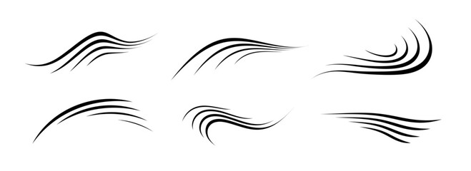 Fototapeta premium Flowing wind motion line set. Air wave shape collection. Blowing hurricane, breeze or storm lines concept. Black swirls and curves bundle. Vector flow movement and gust symbol pack