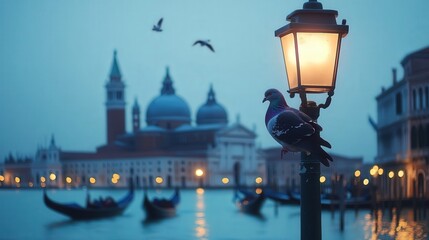 pigeon perched on a streetlight pole in Venice, with a glimpse of gondolas gliding across the canals and the iconic Venetian buildings in the background