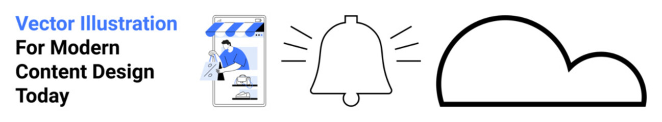 Digital storefront paired with notification alert icon and cloud, representing e-commerce, updates, and cloud services. Ideal for tech, retail, communication, storage, marketing connectivity flat