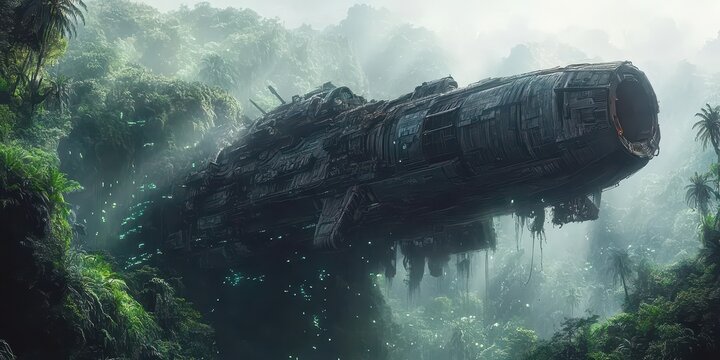 Crashed spaceship rests among lush tropical jungle vegetation