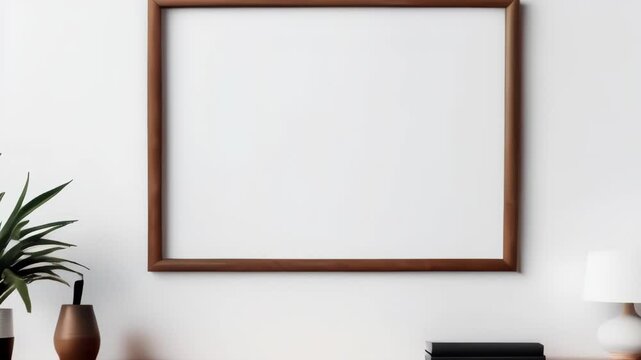Empty wood-framed artwork space above minimalistic shelf with plant and lamps in stylish room