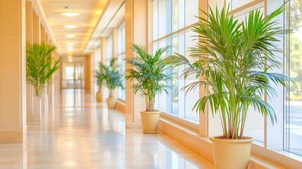 Fototapeta premium Serene corridor with large potted plants, bright windows, and polished floors. Ideal for corporate, hotel, or wellness themes.