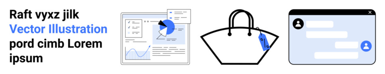 Fototapeta premium Data analytics dashboard with graphs, a shopping bag labeled for e-commerce, and a user messaging interface. Ideal for business, retail, ecommerce, communication, technology, marketing flat landing