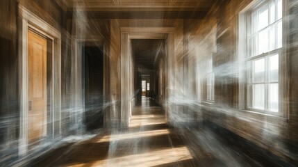 Haunted hallway, sunbeams, abandoned house, decay, mystery