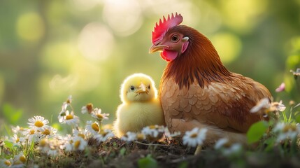 Fototapeta premium Charming Moment of Mother Hen and Chick Amidst Wildflowers