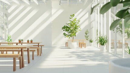Bright Glasshouse Cafe with Potted Plants and Natural Light Effects