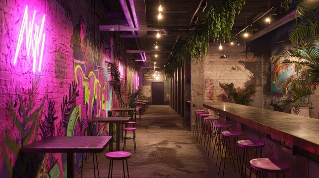 Vibrant Street Art Cafe with Neon Lights and Relaxing Vibes