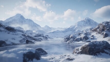 Arctic landscape, with snow-capped mountains framing a peaceful, snowy terrain that stretches out into the cold horizon