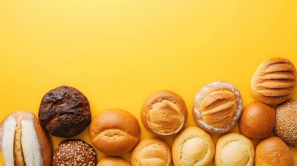 Fototapeta premium Assorted Bread Rolls and Loaves on a Bright Yellow Background Bakery Concept Flat Lay Style