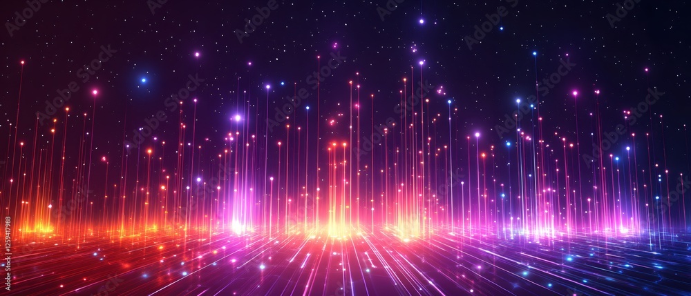 Poster abstract digital network landscape with glowing particles and data streams in deep space