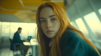 Pensive young woman with long red hair in a modern office setting, thoughtful expression, blurred background.
