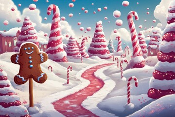 Candy cane lane with gingerbread man in winter wonderland