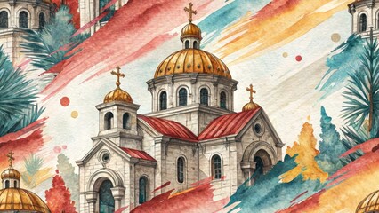 Fototapeta premium Heavenly Brushstrokes: Vintage Religious Aerial Art, Divine Paint, Spiritual Landscape