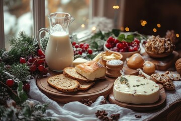 Naklejka premium Christmas breakfast with milk, bread, cheese, and fruit. Perfect for holiday-themed food blogs, recipes, or articles.