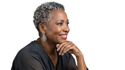 Elegant mature woman with short curly hair, smiling and wearing stylish earrings, isolated on white background. Concept of confidence and positivity. Ai generative