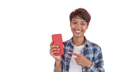 Smiling woman in a plaid shirt holding a red smartphone and pointing at it, isolated on white background. Concept of technology and communication. Ai generative