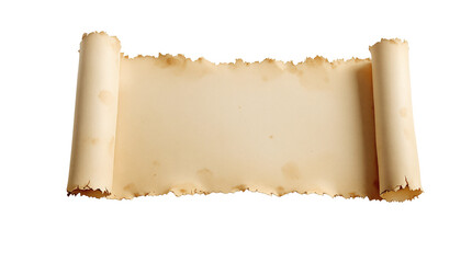 Old parchment scroll with curled edges and torn, burned-like borders, isolated on a white background. Vintage paper template for design or copyspace. Ai generative
