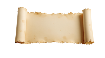 Old parchment scroll with curled edges and torn, burned-like borders, isolated on a white background. Vintage paper template for design or copyspace. Ai generative
