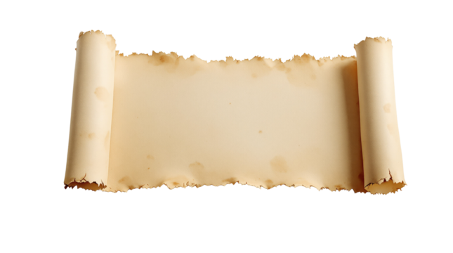 Old parchment scroll with curled edges and torn, burned-like borders, isolated on a white background. Vintage paper template for design or copyspace. Ai generative