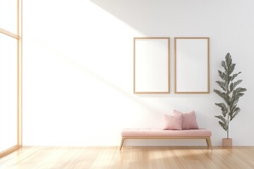 Modern Entrance Hall with Scandinavian Style Interior Design Featuring Wooden Bench and Pink Pillows Against White Wall and Poster Frames