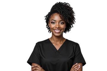 Confident female healthcare professional wearing medical uniform, smiling with arms crossed, isolated on white background. Concept of healthcare and professionalism. Ai generative