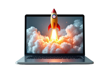 Laptop with a rocket launching from its screen, surrounded by clouds of smoke and fire, isolated on a white background. Concept of startup and innovation. Ai generative